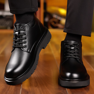 Bottes Martin pour homme, hauteur cheville, bout rond, dessus en cuir, doublure en fourrure, semelle extérieure en caoutchouc, lacets, chaussures décontractées chaudes et isolantes pour l'hiver - Product Image 1