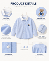 Chemise Oxford Garçon 2026 à Manches Longues en Coton, Boutonnée, Broderie Ours, Décontractée, Style Preppy, Légère, pour Uniforme Scolaire et Usage Quotidien