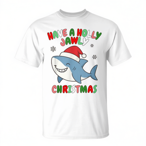 Camiseta navideña para amantes de los tiburones, diseño navideño Have A Holly Jawly, camisa blanca para hombre - Product Image 2