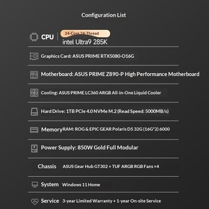 Nueva PC de Escritorio para Juegos RGB Personalizable al por Mayor, con Refrigeración Completa, U9 285K, 32G DDR5, 1TB SSD, RTX 5080 Ultra 9 285K de Alto Rendimiento - Product Image 4
