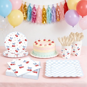 DAMAI Picnic Kids Birthday Party Supplies Blue Square Plaid Plate With Red Cherry <b>Disposable</b> <b>Tableware</b> Paper Napkins Cups Plates - Product Image 1