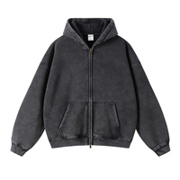 Sweat-shirt à capuche vintage en denim délavé à l'acide, fermeture éclair, effet usé, lourd, surdimensionné pour homme, automne-hiver