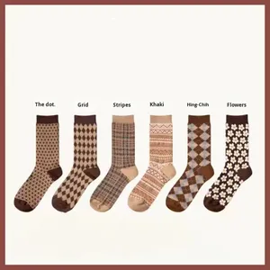 Mid-Calf Women's Coffee Color Autumn Winter Warm Forest Style Japanese Retro Slouch Printed Polyester/Cotton Blend College <strong>Socks</strong> - Product Image 6