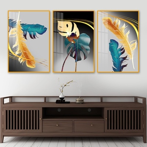 Ensemble d'<span class=keywords><strong>art</strong></span> mural en porcelaine cristalline de luxe, nature morte <span class=keywords><strong>aquarelle</strong></span>, plumes et feuilles tropicales - 3 panneaux, décoration moderne pour salon - Product Image 3