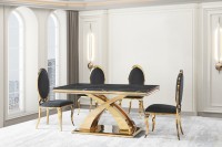 Nouvel Arrivage en Gros : Ensemble Table à Manger Carrée en Marbre et Verre Doré et Noir Brillant avec 4 Chaises de Luxe
