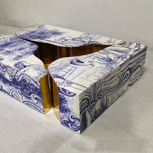 Mesa de centro Rectangular de lujo contemporánea, diseño clásico pintado a mano azul, nuevo marco moderno de acero inoxidable dorado, <span class=keywords><strong>Metal</strong></span> - Product Image 4