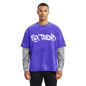 Wholesale Men's Double <b>Layer</b> T-shirt Barbed Wire Sleeve Print Acid Wash Vintage Streetwear Heavy Cotton Oversized Graphic <b>Top</b> - Product Image 1