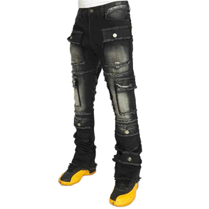 Black New Arrival Slim Straight Mid Rise Vintage Stonewashed Denim Men High Quality Stacked Multi Pocket Winter Custom OEM <b>Pants</b> - Product Image 1