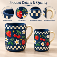 Tasse à café en céramique effet peint à la main, motif marguerite et fruits, imprimé fraise et cerise, tasse à café en porcelaine botanique colorée, vente en gros