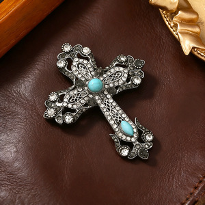 Broche croix vintage pour femme, en cristal, strass et turquoise, <span class=keywords><strong>style</strong></span> Art Déco, argent et or, pour revers de manteau ou de costume, bijou de déclaration - Product Image 1