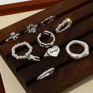 Ensemble de bagues élastiques créatives <span class=keywords><strong>en</strong></span> perles pour femmes, motifs mignons cœur, fleur, ours, géométriques, bijoux cadeaux - Product Image 2