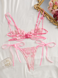 Wholesale Pink Floral Embroidery Lace Lingerie <b>Set</b> <b>Sexy</b> Sheer Mesh Underwire Bra and Tie Side Thong Panties <b>Set</b> <b>Sexy</b> Bra <b>Set</b> - Product Image 4