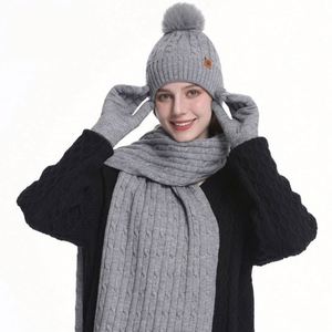 Wholesale Women's Winter Knitted <b>Hat</b> Double-Layer Thickened Fleece-Lined Knit <b>Hat</b> Scarf <b>and</b> <b>Gloves</b> Three-Piece <b>Set</b> Beanies - Product Image 4