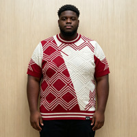 Pull à col rond pour homme avec logo personnalisé, design jacquard, manches courtes, lignes géométriques, pull à manches courtes pour homme