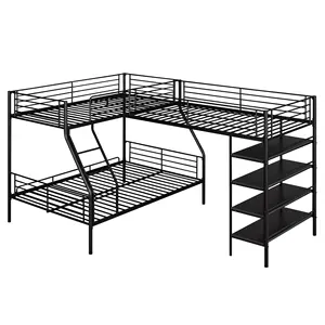 金属l形双层床，带阁楼连接的三层床架，带书桌护栏和梯子