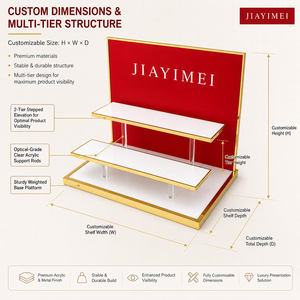 Présentoir <span class=keywords><strong>de</strong></span> <span class=keywords><strong>Comptoir</strong></span> Cosmétique en Acrylique à 3 Niveaux avec Panneau Arrière Rouge et Bordure Dorée, Logo Personnalisé, Vente en Gros Usine - Product Image 4