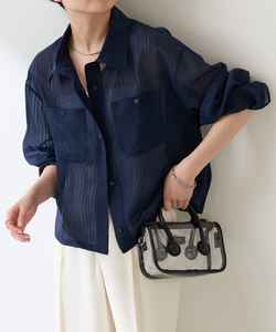 定制高品质休闲时尚上衣女式蓝色透明翻领衬衫，带纽扣装饰，适合日常办公穿着 - Product Image 1