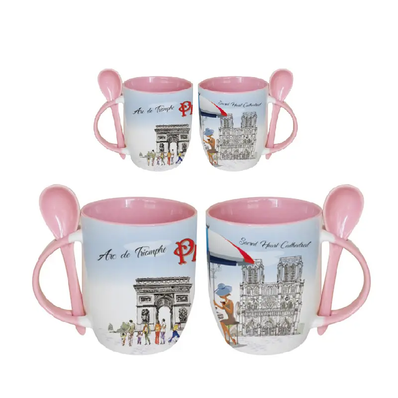 Caneca de presente de lembrança turística de cerâmica rosa com design vintage para Torre Eiffel e Notre-Dame, personalizada OEM ODM personalizada