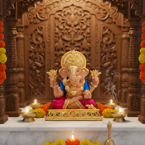 Statue artisanale de Ganesh Ji de qualité supérieure avec couronne et lotus plaqués or |   Décoration de temple à domicile |   Cadeau pour le festival de mariage Diwali - Product Image 6