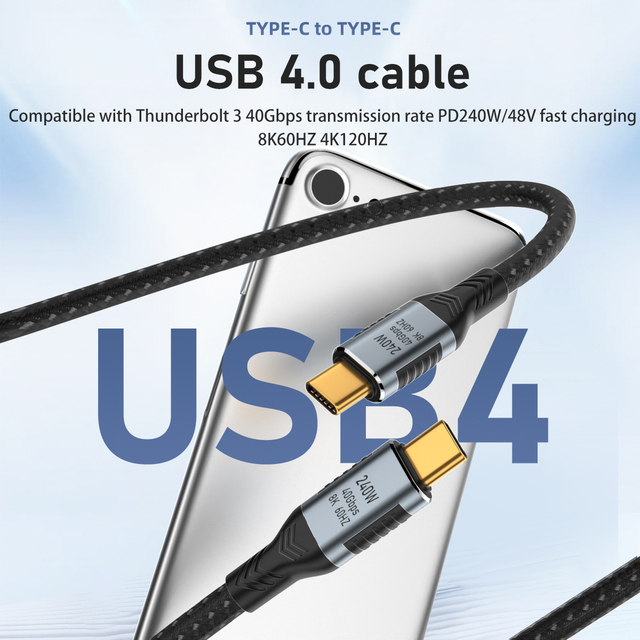 USB4 Cable 40Gbps 8K Type C to Type C Power Cord PD240W Fast Charging Compatible with Thundebolt 3 Multifunction Data Cable