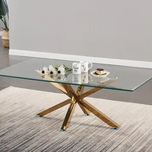 メタルゴールデンゴールドステンレススチールコーヒーテーブルリビングルーム家具高級長方形強化ガラスサイドテーブルモダン
