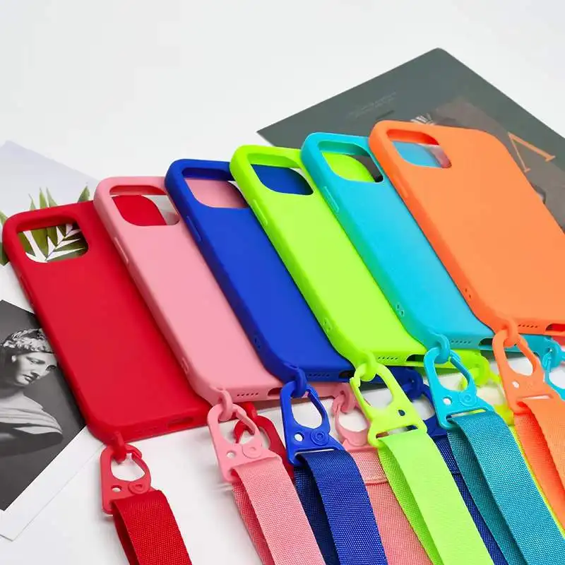 New Candy Color Soft Silicone Necklace Strap Band Phone Case with Lanyards Strap For iPhone 13 14 Pro Colorful Belt Phone Cover