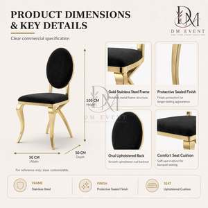 Chaise de réception de mariage ronde noire avec dossier doré en acier inoxydable et revêtement noir pour salles de banquet – Vente en gros de sièges - Product Image 5