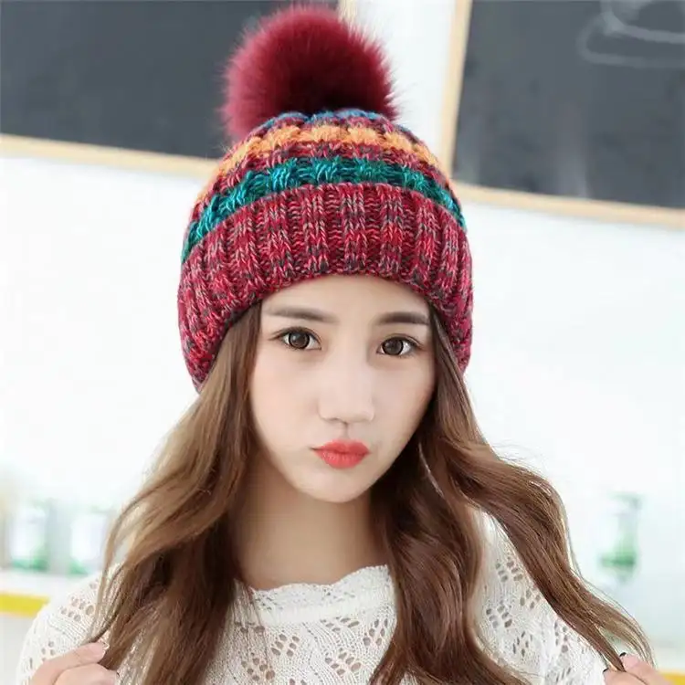 Custom 5 color acrylic warm women striped knit winter hats beanie with big fur pompom