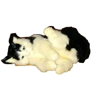 Realistic Lifelike Cat Blue Eyes Plush Stuffed Kitten Rabbit Fur Furry Animal Black & White Cat