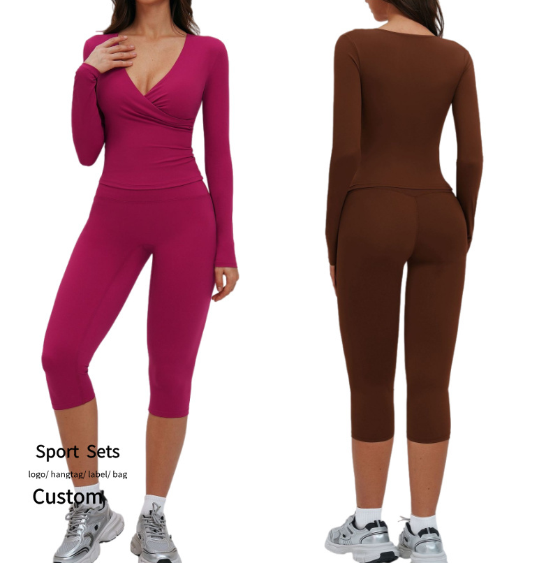 NCLAGEN Tight Fitting Yoga Suit Soft Breathable Gym Outfit Set for Women Long Sleeve V Neck Shirts High Waist Shorts Fitness Set