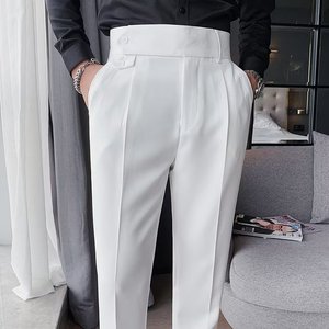 Pantalon de costume homme coupe slim taille haute couleur unie style napolitain décontracté pour affaires - Product Image 1