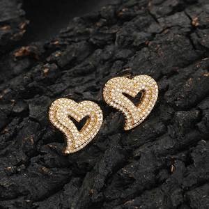 Hip Hop Inspired Modern Sleek Intricately Crafted Zircon Encrusted Hollow Heart Shaped <b>Stud</b> Earrings - Product Image 2
