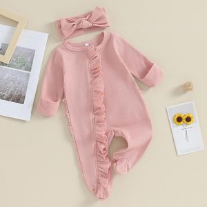 Lovelyshine Wholesale &amp; Custom Newborn <strong>Baby</strong> Girl Footie Waffle Knit Romper Zippers Ruffle Jumpsuit Fall <strong>Winter</strong> <strong>Clothes</strong> - Product Image 2