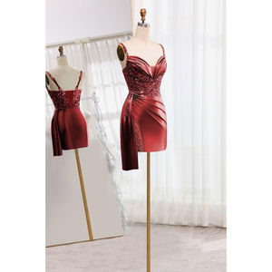 Vestidos de fiesta de satén con cuello en V Vestido corto de encaje de sirena Vestido de cóctel ajustado plisado con cola - Product Image 2