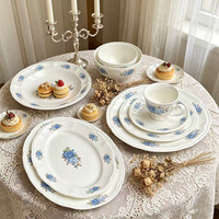 Assiette et Bol en Céramique à Relief Motif Rose Bleue Romantique Style Vintage Français, Assiette à Dessert, Assiette à Soupe, Ensemble de Vaisselle