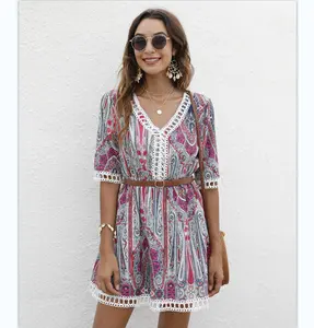 Fashion Women Sleeveless Casual Tube Top Strap Sling Sunflower Leaves Floral Print Irregular Dress Robe Big Swing Summer Dress