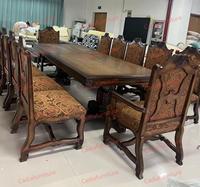 Europäischer Antiker 8-Sitzer Esszimmer-Set mit Drehbarem Rechteckigem Holztisch und Stühlen