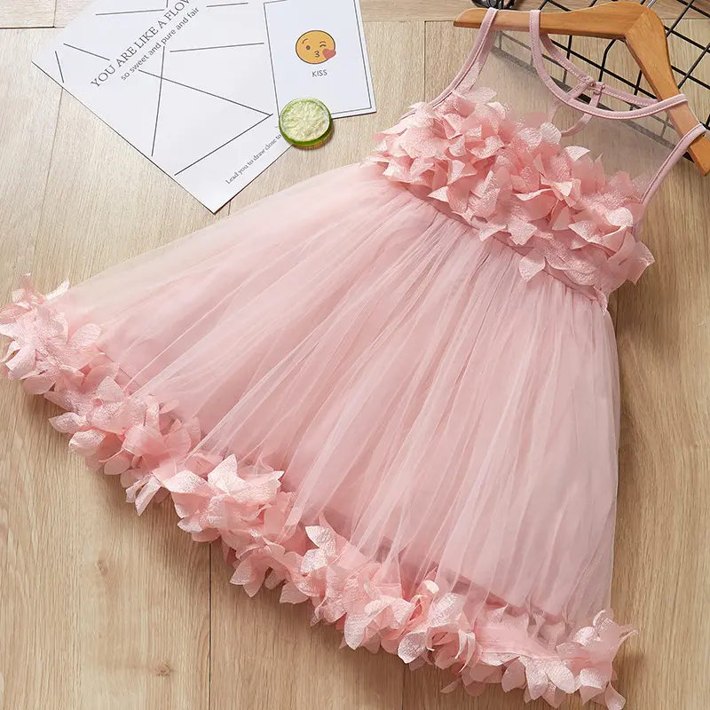 Productos más vendidos Ropa para niños Fiesta Flor Sin mangas Rocío Hombro Flor Decoración Vestidos largos de encaje para niñas