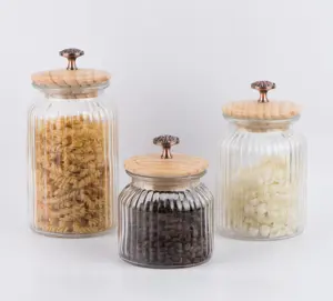 CCP711WT embossed design glass food storage canister with wooden lid pearl color 1200ml 920ml 650ml