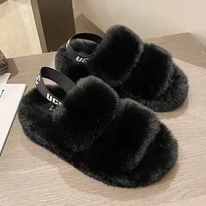 2021 Shoes Stock Factory Price Black Fluffy Slides Women Elastic Band Fuzzy Slippers