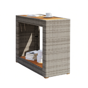 Gray Poly Rattan Patio Side <b>Table</b> With Wooden Top Outdoor <b>Table</b> Durable Contemporary Design - Product Image 1