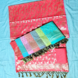 Tissu Jacquard Brocart en Soie Pure Banarasi Brodé Imprimé au Bloc avec Pompons, Poids Moyen, pour Saree, Costume et Tenues de Mariage - Product Image 1