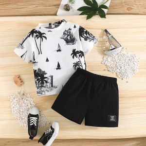 Conjunto de Dos Piezas con Estampado de Palmeras de Coco para Niños de 4 a 7 Años, Estilo Casual de Verano, Traje de Manga Corta para Juegos y Esports, Venta al Por Mayor de Fábrica - Product Image 1