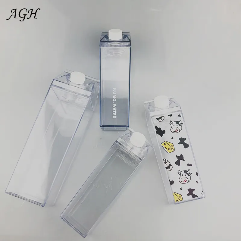 Fashionable 500ml and 1000ml cute sports milk carton shape box acrylic clear milk carton water bottle with lid