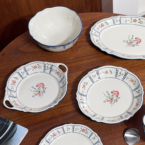 Service de vaisselle en céramique botanique vintage, compatible micro-ondes, style campagne française, assiettes en porcelaine verte à motifs floraux, assiettes à soupe et à poisson - Product Image 2
