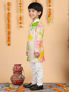 Conjunto de Kurta con Estampado Floral y Pijama Blanco para Niños, Ropa Étnica Tradicional Festiva, Atuendo Cómodo para Fiestas y Bodas - Product Image 3