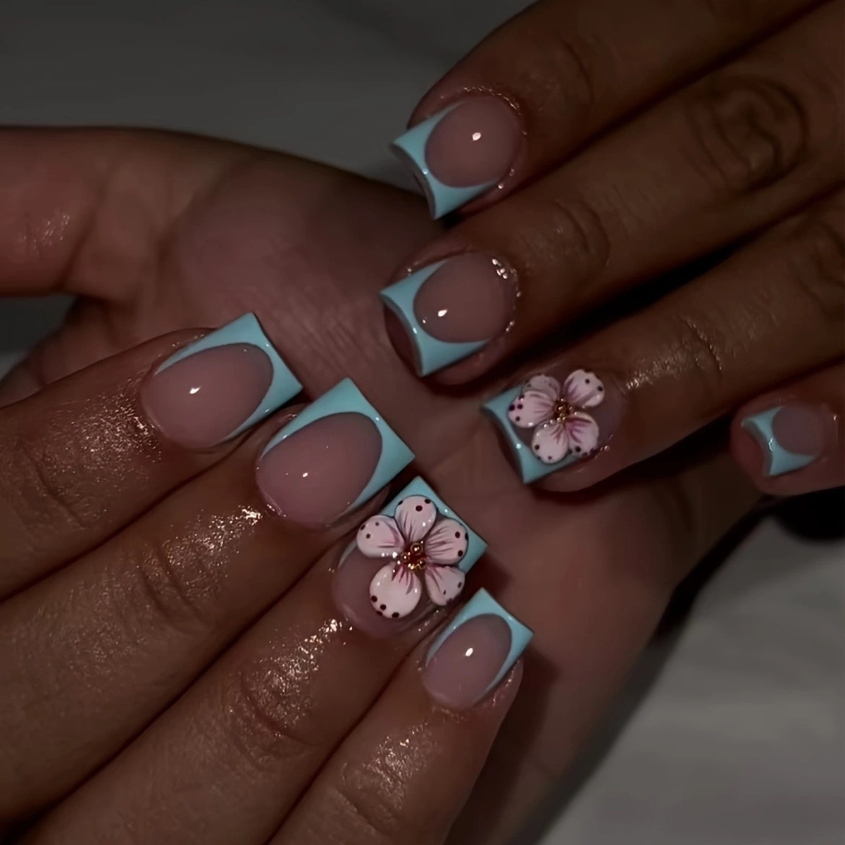 Floral Gradient Nails with a French Twist