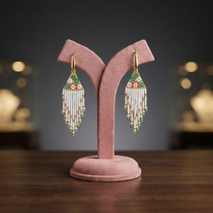 Sstringz Handcrafted Ivory White, <b>Emerald</b> Green, Blush Pink & Gold Miyuki Delica Beaded Fringe Earrings with Pearl Accents Boho - Product Image 6