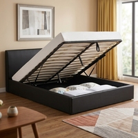 Cadre de lit Queen traditionnel confortable avec rangement, relevage à gaz, en cuir PU et structure métallique