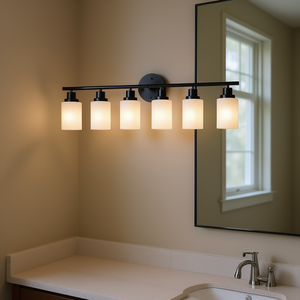 Applique murale moderne et contemporaine à 6 lumières pour salle de bain, avec verre dépoli blanc, cadre en fer noir et éclairage LED blanc chaud pour miroir - Product Image 2